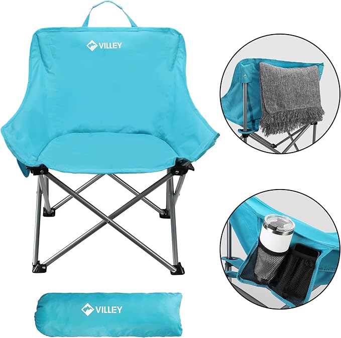 VILLEY Camping Chair Beach Folding Chair, Outdoor Lawn Portable Lightweight Chair, Foldable Chair with Carry Bag, for Outside Hiking, Fishing, Travel, Beach and Sports, Blue