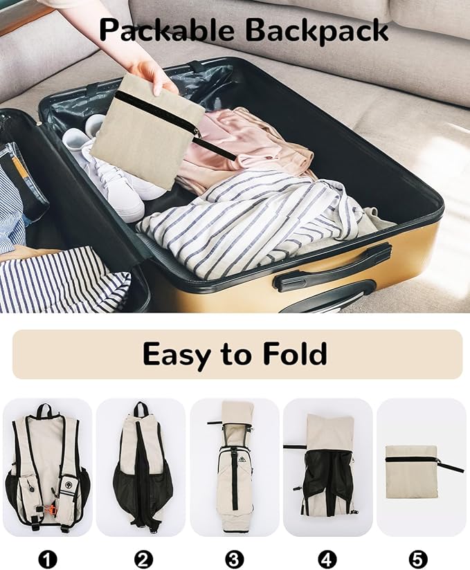 Folding Hiking Backpack with Phone Pocket for Men Women, Small Ultralight Packable Casual Daypack with Shoulder Chest Straps for Travel, 15L Foldable Lightweight Day Pack, Beige