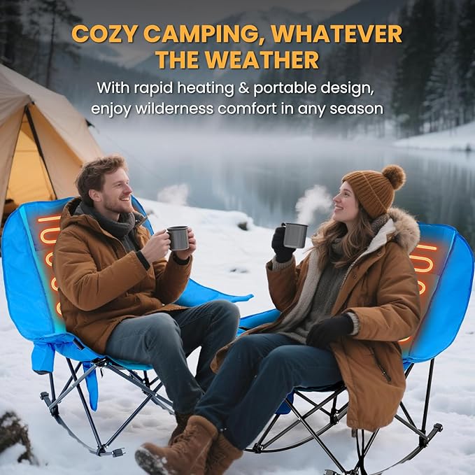 Begonia.K Oversized Heated Rocking Camping Chair - 400lbs Capacity Padded Camping Recliner w/ 3 Levels Back Seat Heat - Folding Lawn Chair with Side Pockets for Camp Patio Backyard