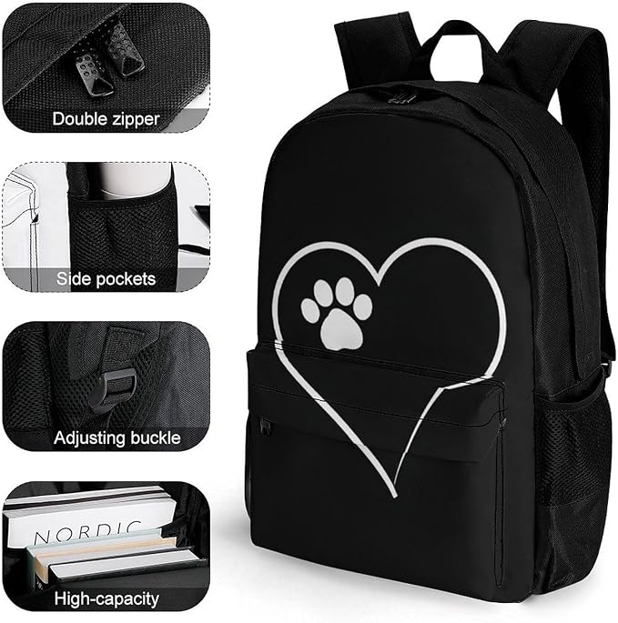 Supdreamc Polyester Daypack Bookbag for Gym Business Bicycle, Large Capacity Multipurpose Anti-Theft Carry On Bag, Cat Dog Paw Prints Heart Black Travel Hiking Daypack