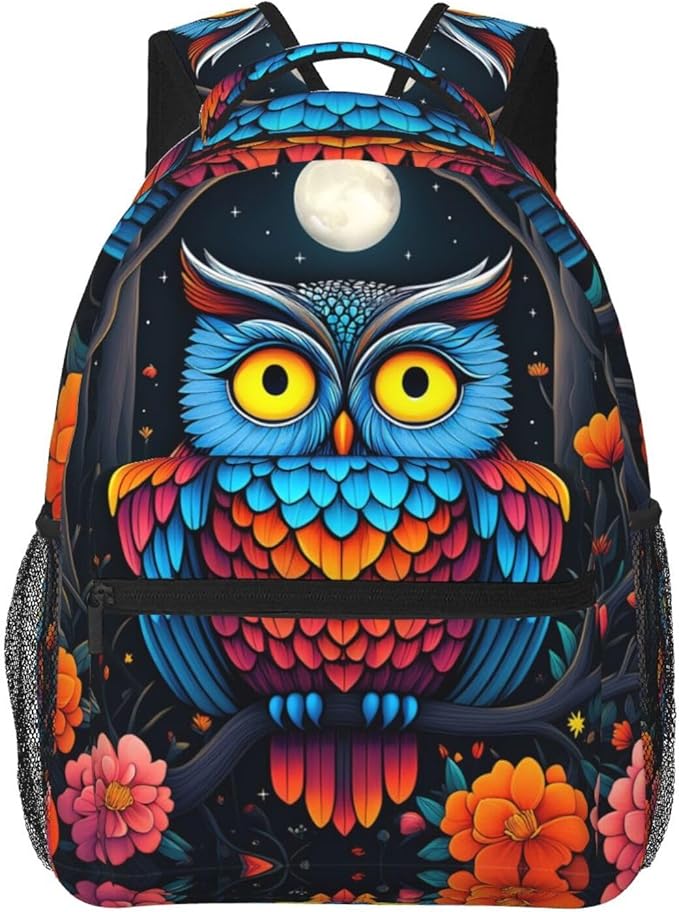 Polyester Daypack for Camping Travel Walking Cycling, Big Capacity Anti-Theft Multipurpose Bookbag, Trippy Owl Red Floral Moon Art Camping Outdoor Backpack