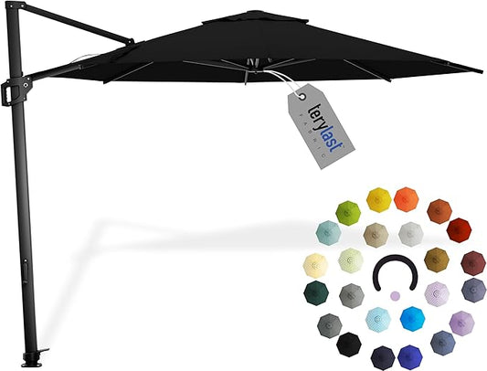Midtown Umbrellas 10 Ft Outdoor Cantilever Patio Umbrella w/Terylast Ebony Black Fabric - Rotate Tilt 360° Offset Patio Umbrella, Deck Patio Umbrella, Backyard Umbrella & Garden Umbrella - Black Frame