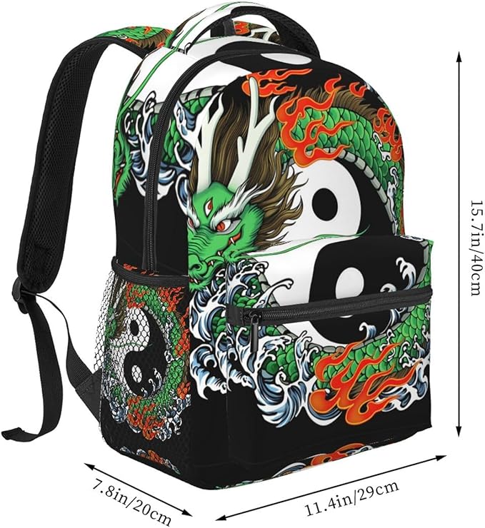 Men Women Polyester Dragons Of The Orient Yin Yang Art Daypack Big Capacity Shoulder Bag With Smooth Zippers for Hiking Work Walking Cycling