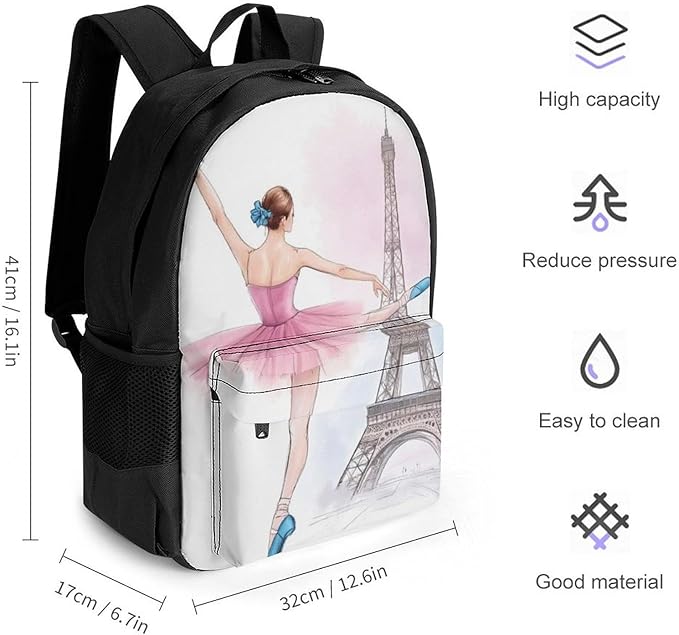 Daypack Backpack Polyester Multipurpose Anti-Theft Ballet Dancer Ballerina Eiffel Tower Shoulder Bag Big Capacity Gym Outdoor Hiking Backpack With Smooth Zippers