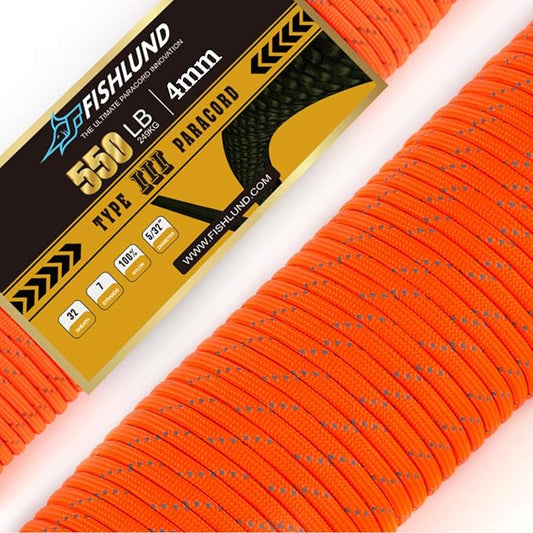 Reflective Paracord 550 lb, 7 Strand Paracord Rope 250ft 4mm, Nylon Parachute Cord for Camping, Neon Orange