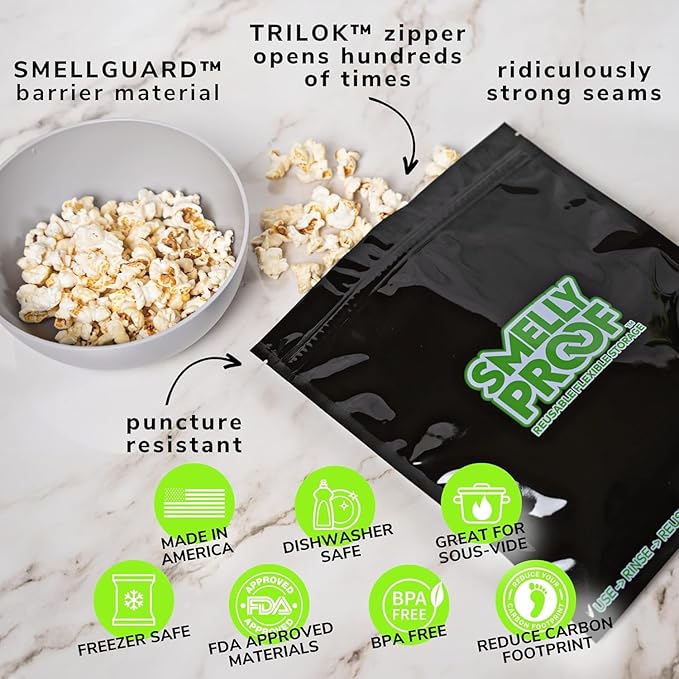 Smelly Proof Reusable Bags Black, 4-MIL Thick HEAVY DUTY, US-Made BPA Free, No PEVA, Non-Silicone, Reusable Food Storage Bags, Reusable Freezer Bags, Quart 8.5" x 10" 50-Pack