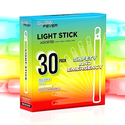 Glow Fever Emergency Safety Military Grade 6'' Lightsticks, Light Up Ultra Bright Glow Sticks with 12 Hours Duration. for Hiking Party Camping Blackouts Hurricane Shelter Survival Kit (Mixed, 30PCS)