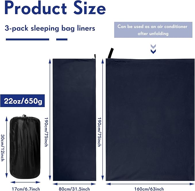 Mixweer 3 Pcs Fleece Sleeping Bag Liner for Adult Warm or Cold Weather 75" Adds 12 Degrees Fahrenheit More Warmth Zippered Camping Blanket Liner with Bag for Adult Travel