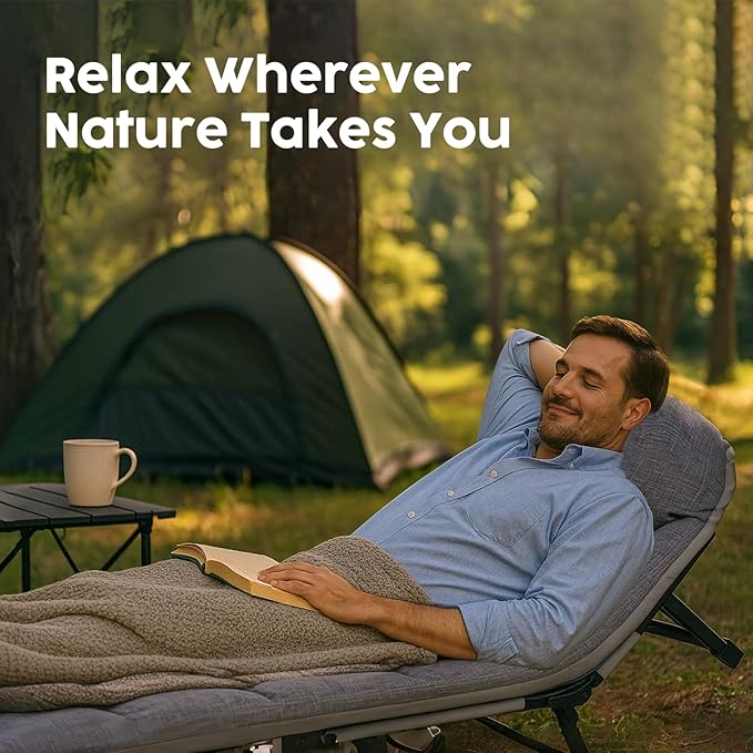 Chaise Lounge Chair, Folding Cot, 6-Angle Adjustable Camping Cot with Mattress for Patio and Beach, Foldable Bed Portable Heavy Duty Lay Flat Reclining with Pillow (Grey, XL - 80")