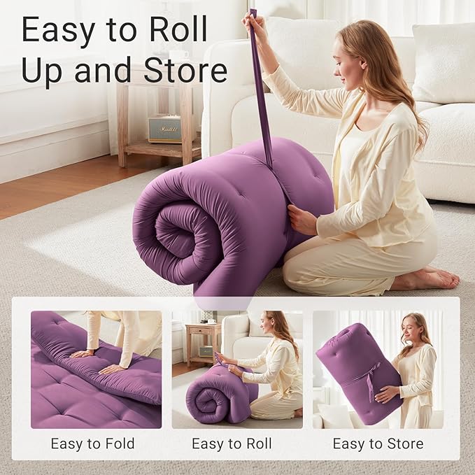 Japanese Floor Futon Mattress Full Size 54"x 80", Foldable Floor Bed Mattress, Portable Tatami Mat Sleeping Pad, Folding Futon Cushion, Roll Up Floor Lounger for Guest Room Dormitory (Purple)