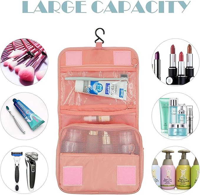Trawila Travel Hanging Toiletry Bag Cosmetic Bag Makeup Organizers for Men & Women with Sturdy Hook (Pink)