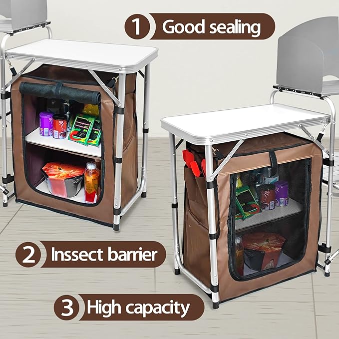 Camp Kitchen Table with Storage Organizer, Outdoor Cooking Table, Grill Tables for Outdoor,Portable Aluminum Windscreen Hooks for BBQ, Party (White)