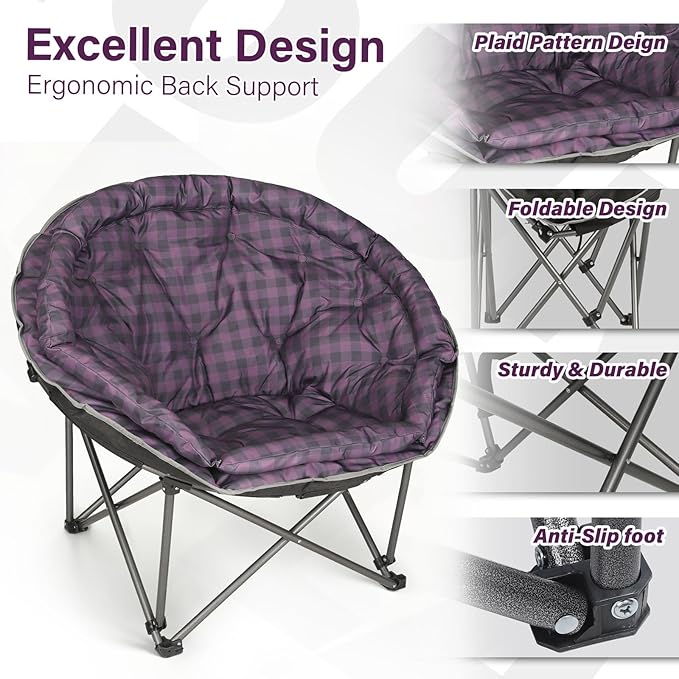 Oversized XXL Folding Round Camping Chairs,Comfy Padded Moon Camp Chairs,Heavy Duty Supports 440 Lbs Outdoor Lawn Chairs for Adults,Perfect for Indoor,Family Hiking,Picnics and Garden,Purple Plaid