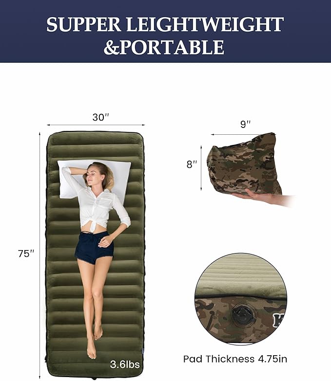 Inflatable Sleeping Pad for Camping, Extra-Thick 4.75" Single Air Mattress with Soft Velvet Top, Machine Washable, Family Lightweight 4-Season Pad for Traveling & Hiking, Green