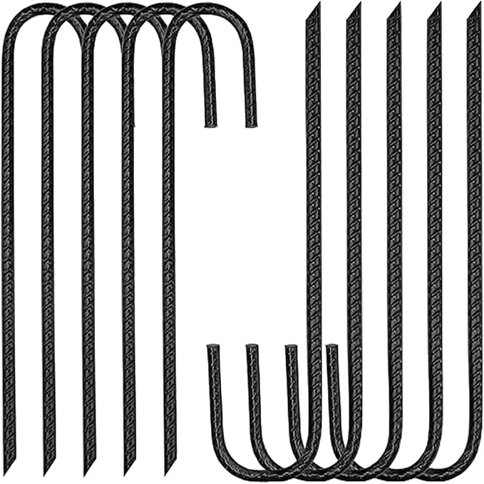 Heavy Duty Ground Stakes, 16 Inch J Hook Stakes, 10 Pack, 5/16 Inch Diameter, Carbon Steel Tent Stakes for Chain Link Fence, Trampoline, Lawn Decorations (J-Shape-Black, J-16 * 3/8"-10PCS)