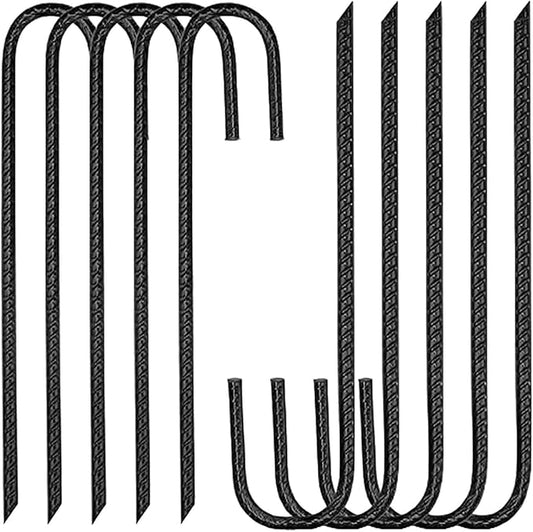 Heavy Duty Ground Stakes, 16 Inch J Hook Stakes, 10 Pack, 5/16 Inch Diameter, Carbon Steel Tent Stakes for Chain Link Fence, Trampoline, Lawn Decorations (J-Shape-Black, J-16 * 3/8"-10PCS)