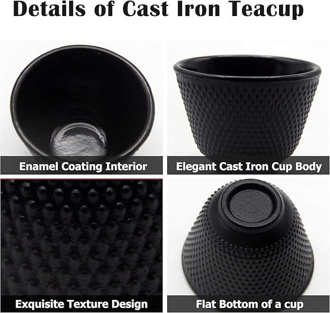 Japanese Cast Iron Tea Cups, Small and Heavy Teacups with no Handles, Japanese Style Cup for Adults, Asian Teacup, Coated with Enameled Interior, 4 Pcs/Box (Black, 3.38oz/100ml)
