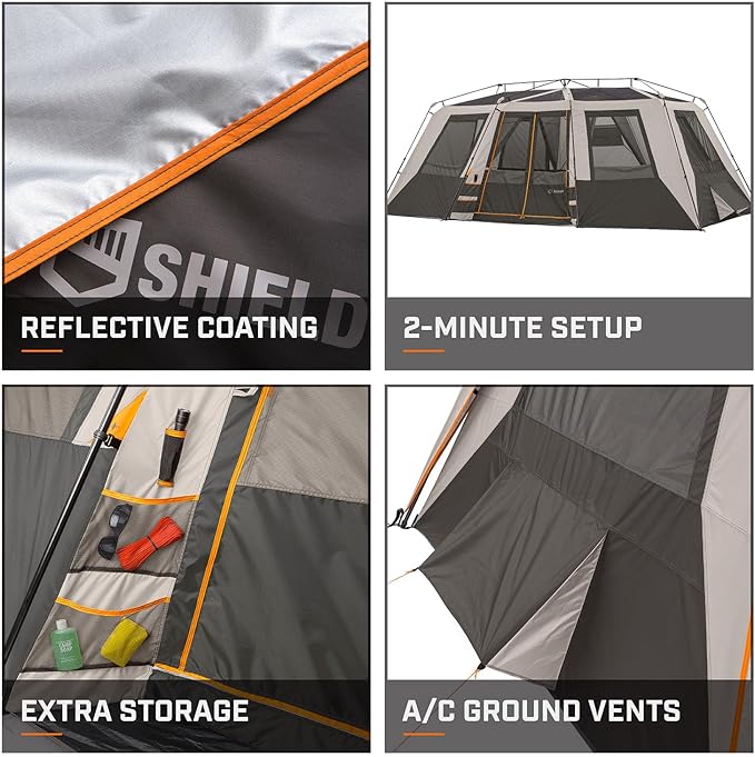Bushnell Instant Tent | 6 Person / 9 Person / 12 Person Shield Series Instant Tents Cabin Design Perfect for 3 Season Family Camping, Hunting, and Fishing with Fast Setup | Instant Tents, Cabin Design, Family Camping, Hunting, Fishing, Fast Setup