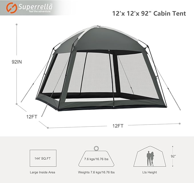 12 x 12 FT Camping Screen Tent for 8-10 Person, Easy Setup Screen House with UV 50+ Sun Protection & Mosquito Net for Camping, Backyard, Picnic, Patio Outdoor Gray