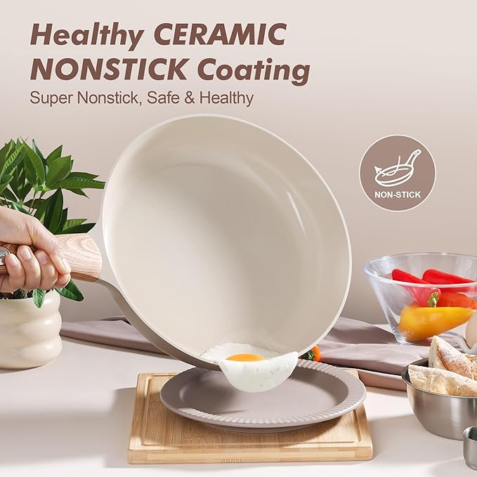 SENSARTE Ceramic Nonstick Frying Pan Skillet with Lid 9.5Inch Non Stick Egg Pan Omelette Pans, Non-toxic Kitchen Cooking Chef's Pan, Free of Intentionally Added PFAS/PTFE/PFOA, Induction Compatible