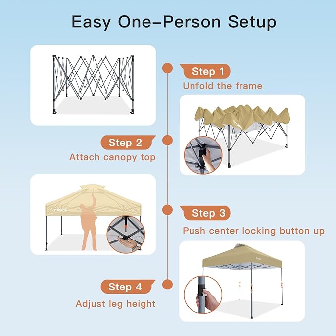 Amada 10x10 Pop Up Canopy - Center Lock One Push Instant Setup Gazebo Outdoor Canopy Beach Tent with STO-N-Go Bag 8 Stakes & 4 Sand Bags, 3-Height Adjustable Shade Shelter (10x10ft, Khaki)