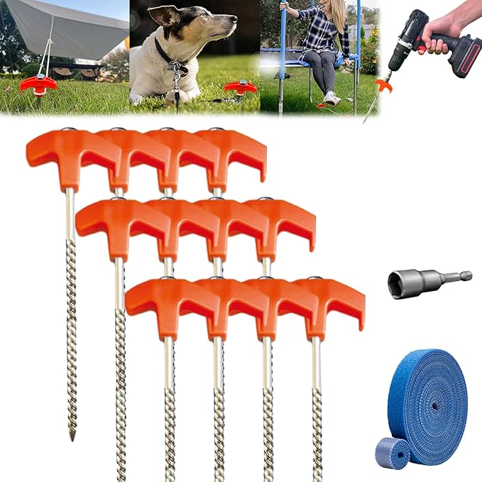 Screw in Tent Stakes,Tent Stakes Heavy Duty Screw,Hex Pegs Drillable Tent in Ground Anchors with 1 Hex Head Driver,Metal Stakes for Trampoline,Tent,Canopy,Dog Anchors (4, Yellow)