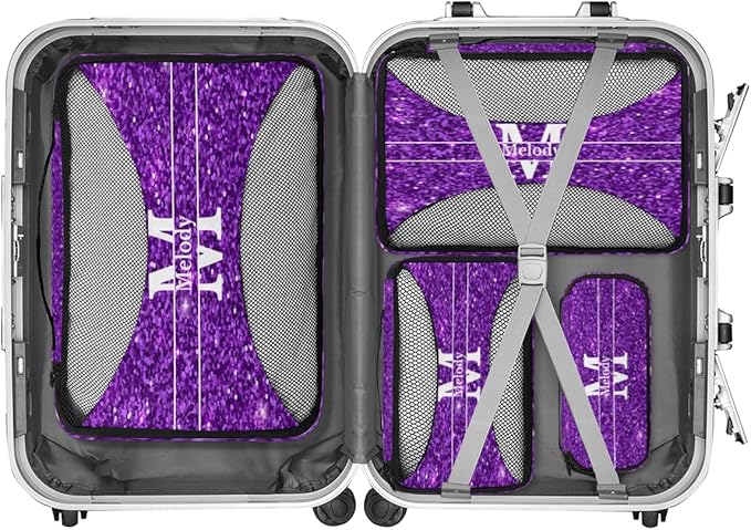 Custom Name 4 Pcs set travel luggage organizer Mesh Travel Essentials for Suitcases, Purple Sequins with Initial Letter