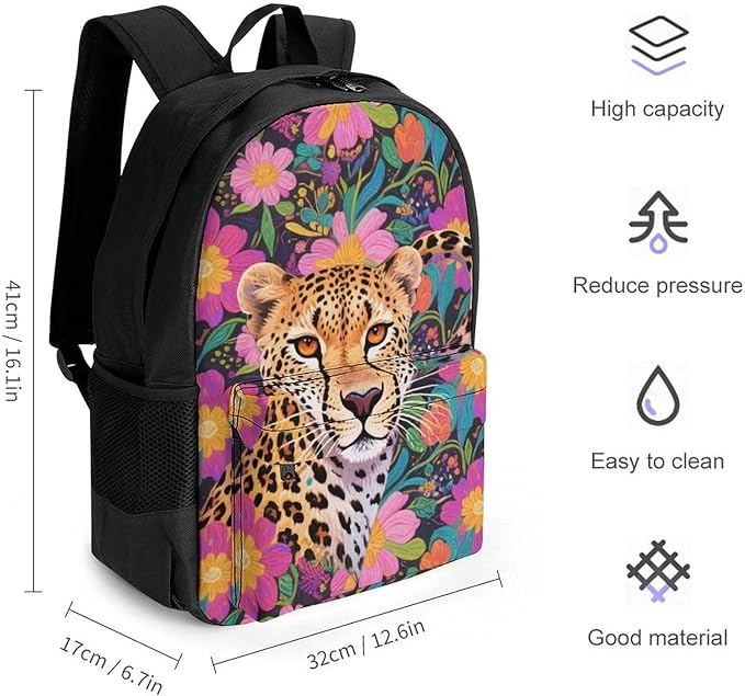 Daypack Polyester Anti-Theft Multipurpose Red Floral Leopard Cheetah Art Bookbag Big Capacity Gym Outdoor Hiking Backpack With Adjustable Shoulder Straps
