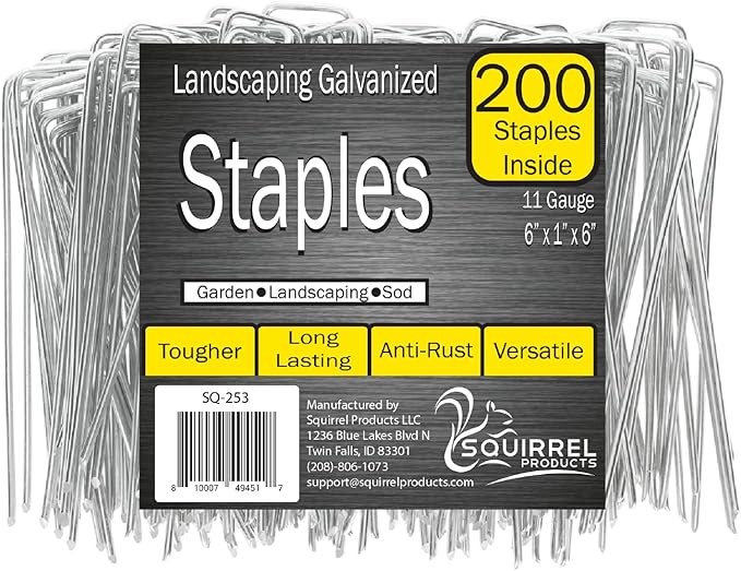 Squirrel Products Galvanized Steel Redrawn Garden Stakes, 6 Inch Lawn Staples, 11 Gauge Stakes, 2.9mm 15x2.5x15cm – 200 Pack