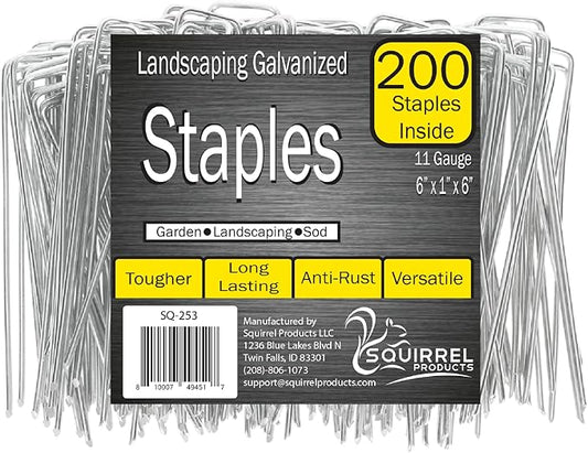 Squirrel Products Galvanized Steel Redrawn Garden Stakes, 6 Inch Lawn Staples, 11 Gauge Stakes, 2.9mm 15x2.5x15cm – 200 Pack