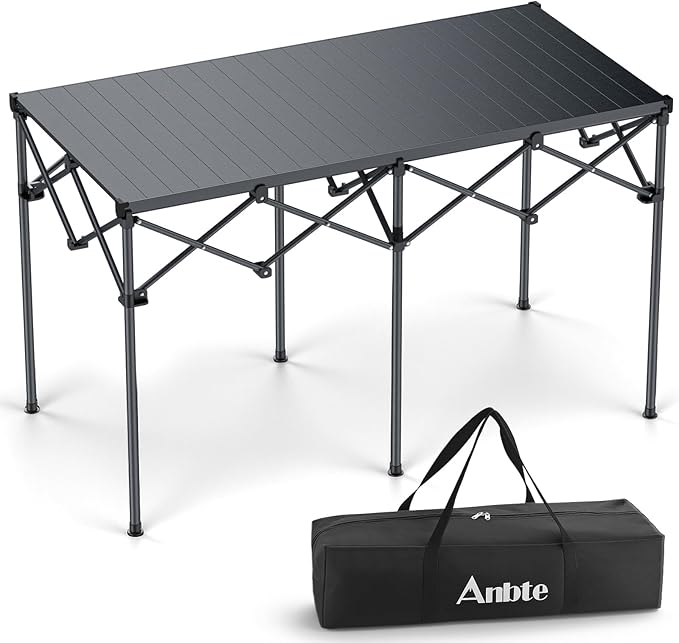 Heavy-Duty Camping Table Support 264lbs, 48” x 23.6” Large Roll Up Camping Table for 6-8 People with Carry Bag, Waterproof, Portable, for Backyard BBQ Tailgating Picnic Party, Black