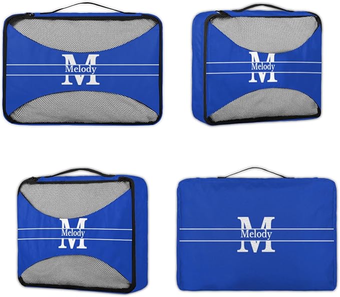Custom 4 Packing Cubes Set, Lightweight Mesh Travel Luggage Organizers for Travel, 4 Pieces Suitcase Storage Bags, Navy Blue with Initial letter