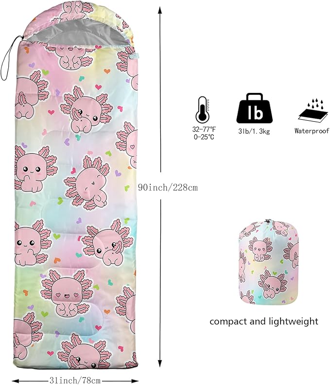 AILONEN Kawaii Puppy Sleeping Bag for Kids Boys Girls,Warm and Cool Weather,Lightweight,Waterproof Backpacking,Cartoon Cute Dog & Duck Animal Themed Blue Sleeping Bag for Camping