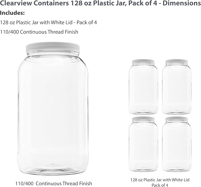 Plastic Storage Jars with Leak Proof Lids, BPA Free, Hand Wash Only (128oz, 4PK White)