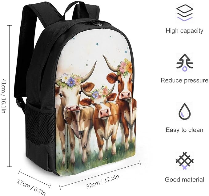 Supdreamc Polyester Daypack Backpack for Sports Travel Running, Big Capacity Anti-Theft Multipurpose Carry On Bag, Cute Highland Cow Family Laptop Book Bag Rucksack