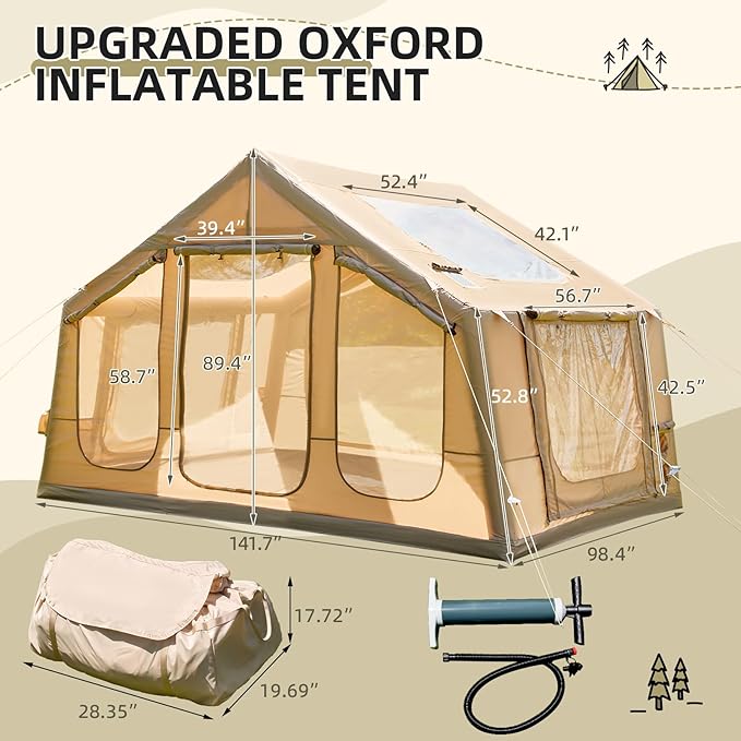 EROMMY 4/6/8/12 Person Inflatable Tent with Skylight, 4 Season Blow Up Tents with Hand Pump for Outdoor Camping & Hiking, Easy Set-up Windproof Sunproof Waterproof