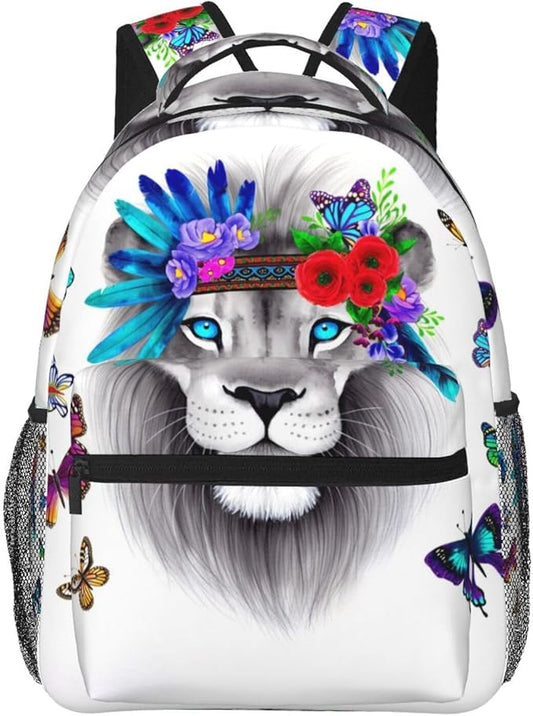 Daypack Backpack Multipurpose Anti-Theft Large Capacity Bookbag, Lion Flowers Floral Butterflies Art Travel Hiking Camping Rucksack With Adjustable Shoulder Straps