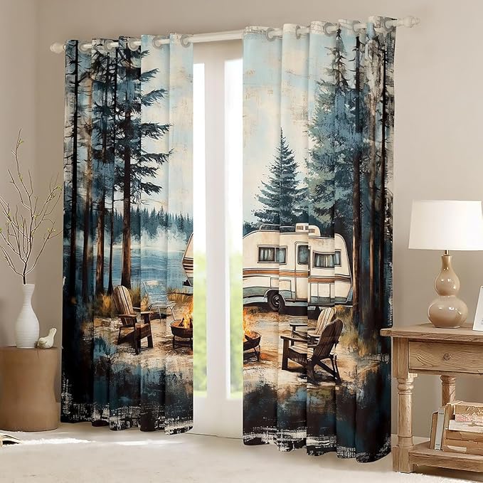 Manfei Camper Camping Window Drapes,Bonfire Campfire RV Trailer Adventure Nursery Bedroom Playroom Decor,Pine Tree Lake Fishing Rustic Farmhouse Girls Boys Room Decor,Black 2 Panels,42Wx90L inch