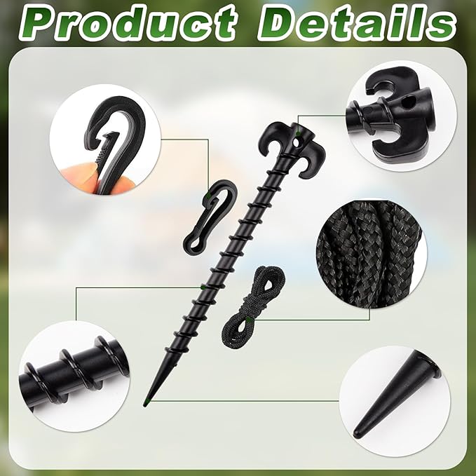 48 Pieces Plastic Inflatable Stakes Set Plastic Tent Stakes with Hooks & Ropes Camping Stakes Duty Tent Pegs for Halloween Christmas Yard Inflatables Sturdy Tent Canopy Stake (Black)