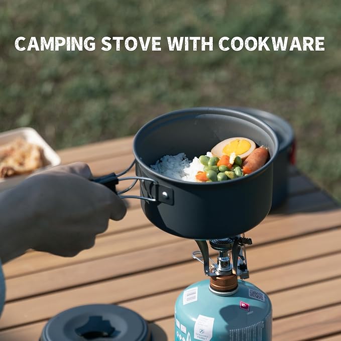 Camping Cookware Mess Kit, 13 pcs Backpacking Cookware Set, Lightweight Camping Pots and Stove Set for 1-2 Person, Outdoor Cooking Gear Ideal for Camping, Hiking, Backpacking and Picnic