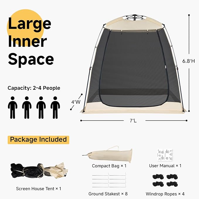 EighteenTek Screen House Gazebo, 2-4-6 Person Pop Up Screen Tent, Instant Screen Room with Carry Bag, Outdoor Mosquito Tent Pop-Up, Sun Shade Shelter for Patio, Garden, Backyard, Deck