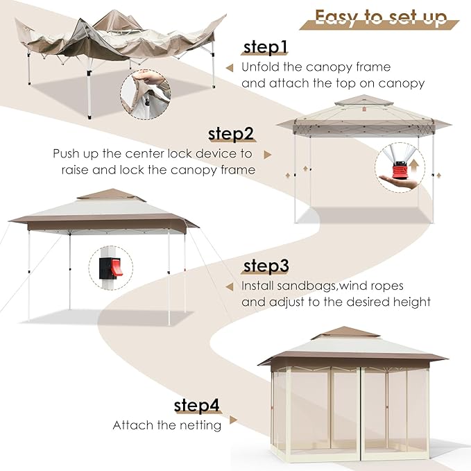 TLSUNNY 13' X 13' Pop Up Gazebo, Outdoor Canopy Tent W/4 Mesh Walls & Wheeled Bag, Screened Shelter with Netting, One-Person Set Up, Height Adjustable, for Patio, Yard, Party, Garden (Khaki)