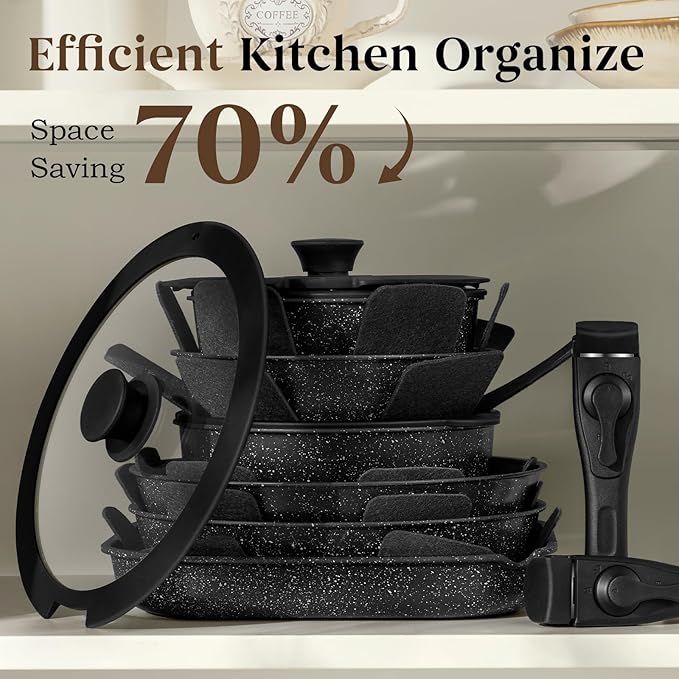 20 Pcs Pots and Pans Set Non Stick, Stackable Cookware Sets with Detachable Handle, Granite Induction RV Kitchen Portable Cooking Set Removable Handles, Dishwasher ＆ Oven Safe, Black