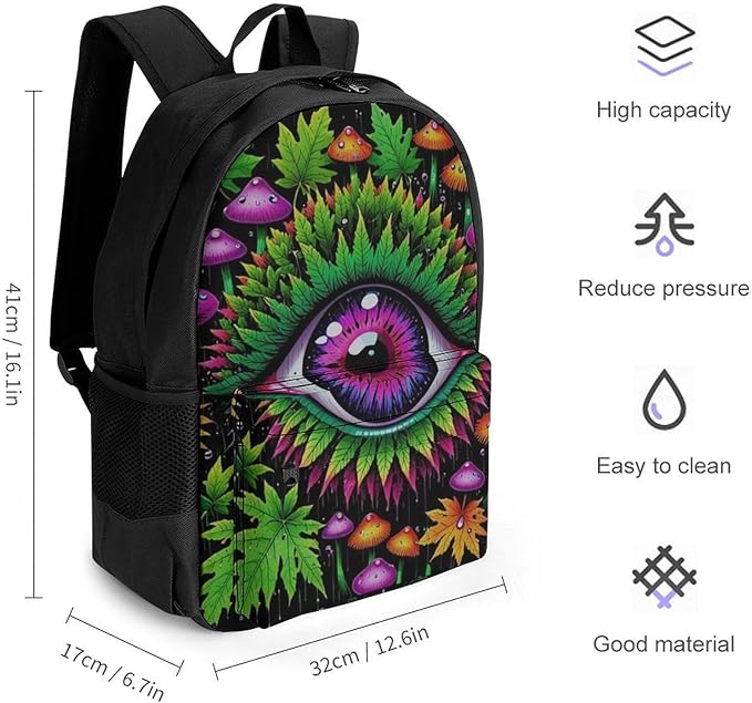 Polyester Daypack Bookbag for Gym Business Bicycle, Large Capacity Multipurpose Anti-Theft Carry On Bag, Trippy Eye Mushroom Art Travel Hiking Daypack