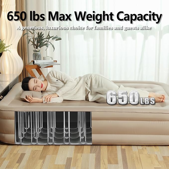 Queen Air Mattress with Fast Inflation Pump, Queen Air Mattress - Leak-Free & Odorless Inflatable Bed for Travel and Guests, Supports up to 650 lbs - Ideal for Camping and Home, 16" Height