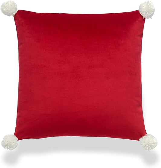 Hofdeco Premium Christmas Holiday Winter Soft Velvet Decorative Throw Pillow Cover ONLY for Couch, Sofa, Bed, Red Solid with pom poms, Red, 18"x18"