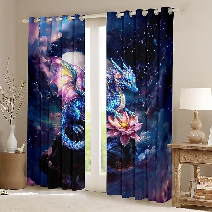 Manfei Magic Dragon Blackout Curtains Pink Lotus Flower Window Drapes,Cartoon Wild Animal Theme Window Treatments,Kids Boys Girls Room Decor,Grommet Top 2 Panel Set Bedroom Curtains, 52Wx63L inch