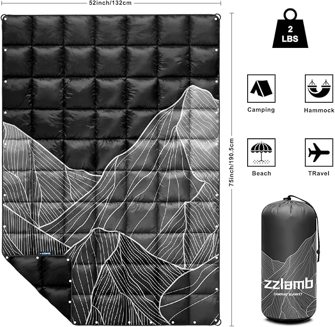 zzlamb Camping Blanket, Outdoor Lightweight Travel Blanket Puffy Portable Down Alternative, Windproof Warm Cloak with Snaps, Cozy Quilt Backpacking Picnic RV Plane Car Hammock Beach Climbing