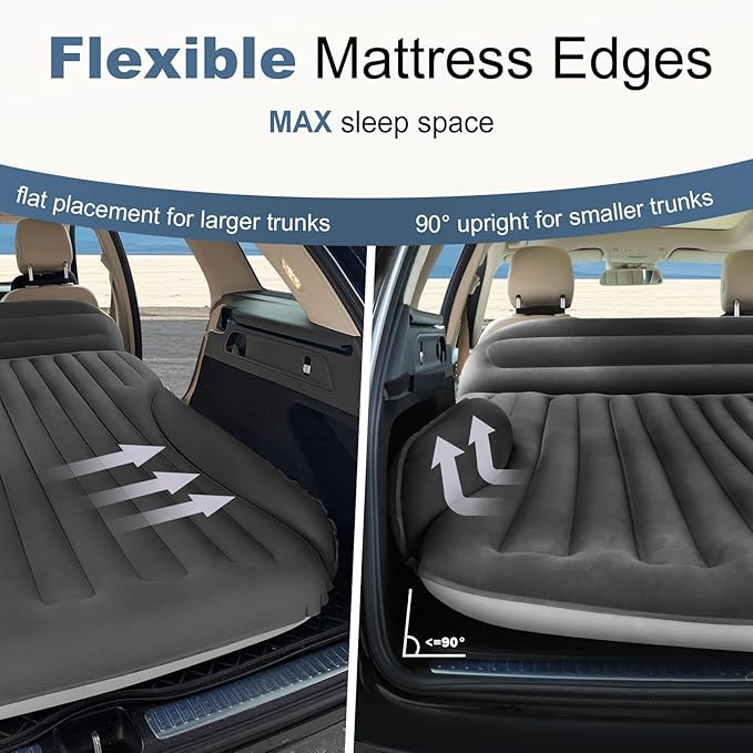 SUV Air Mattress, Double-Sided Thick Flocked Car Air Mattress with Built-in Pump & Pillow, Complete Sleeping Accessories for Auto Camping & Road Trips（Dark Coffee）