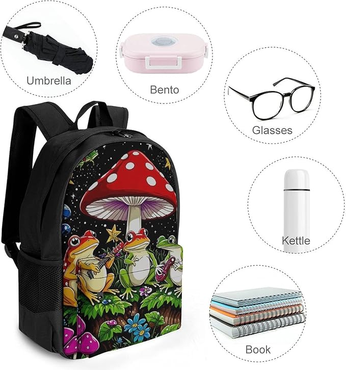 Backpack Anti-Theft Multipurpose Large Capacity Carry On Bag, Psychedelic Mushroom Trippy Magic Frog Art Camping Outdoor Backpack With Side Pockets